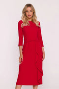 robe cocktail midi droite rouge vif encolure ronde manches trois quarts taille marquée ajustée fluide crêpe volant asymétrique