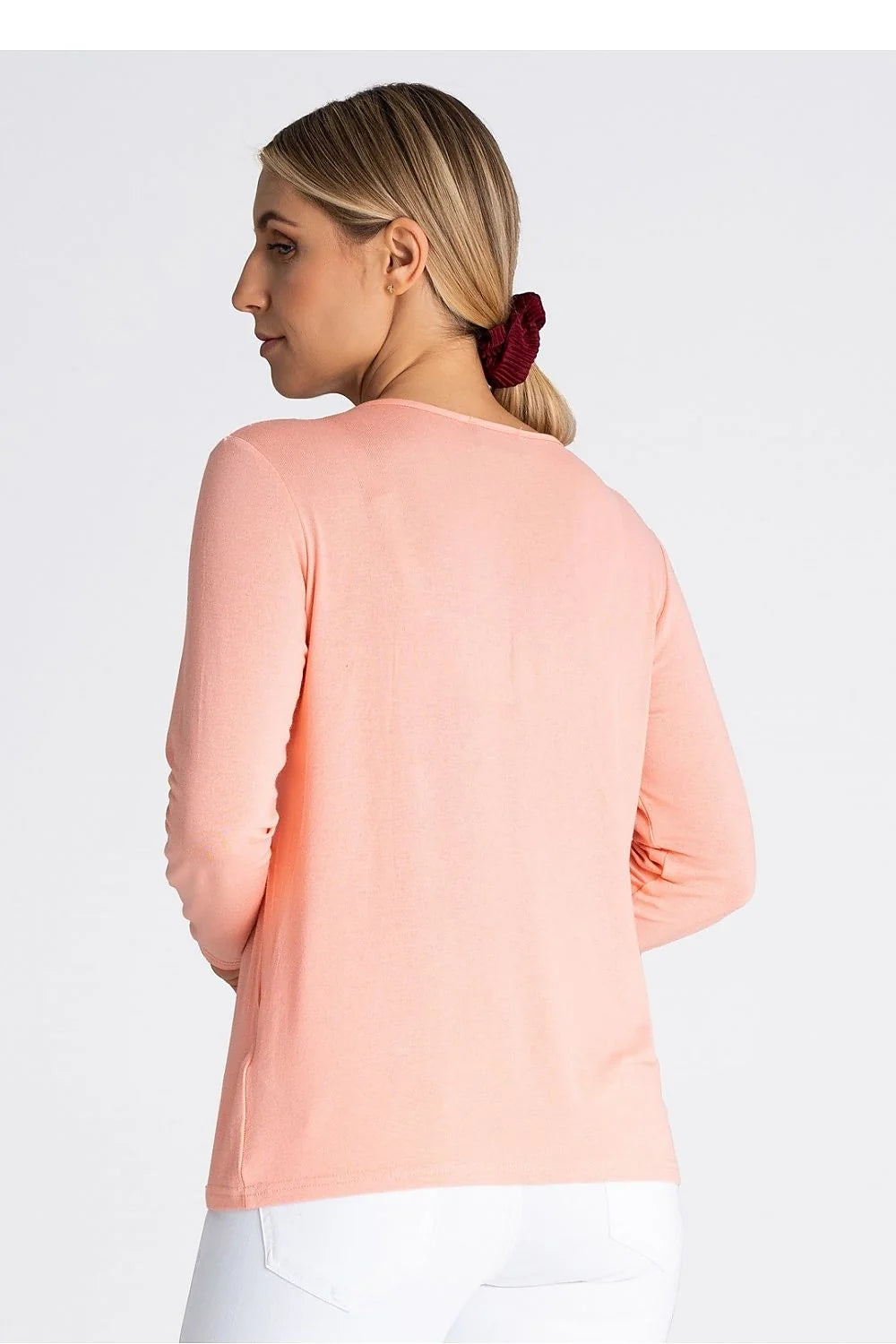 Chemisier pour Femme Style Casual Élégant Manches Longues Col en V Couleur Rose Pêche Douce Matière Léger Confortable