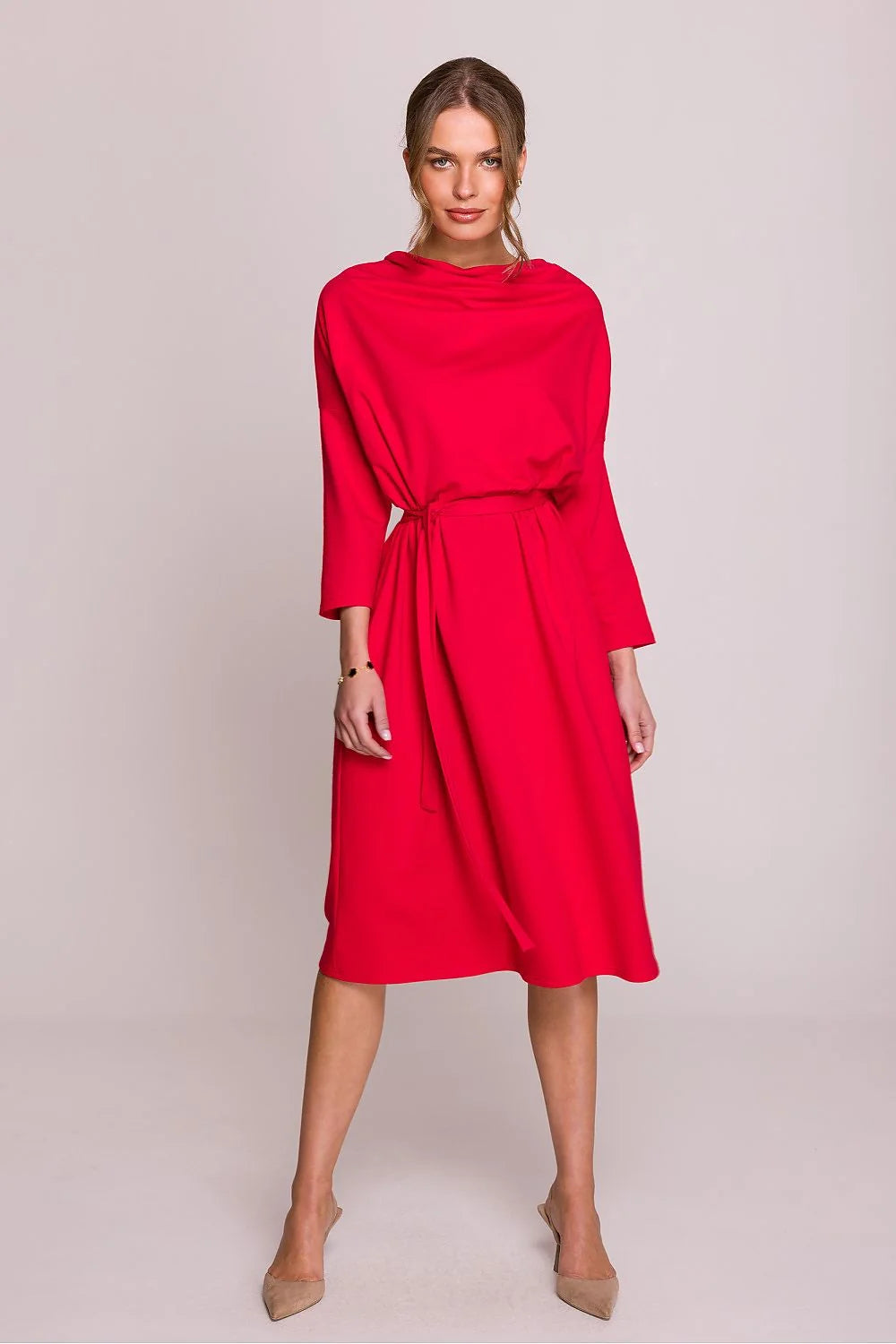 robe midi oversize ceinturée modal douce fluide extensible manches longues encolure bénitier fuchsia vibrant taille marquée jupe évasée polyvalente élégante
