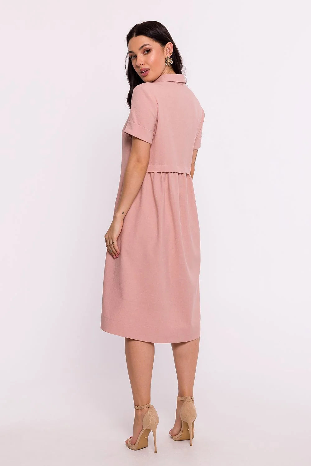 Robe de jour élégante Be Wear chemisier manches courtes boutonnage devant col chemisier poches latérales tissu高品质 couleur rose poudrée femme