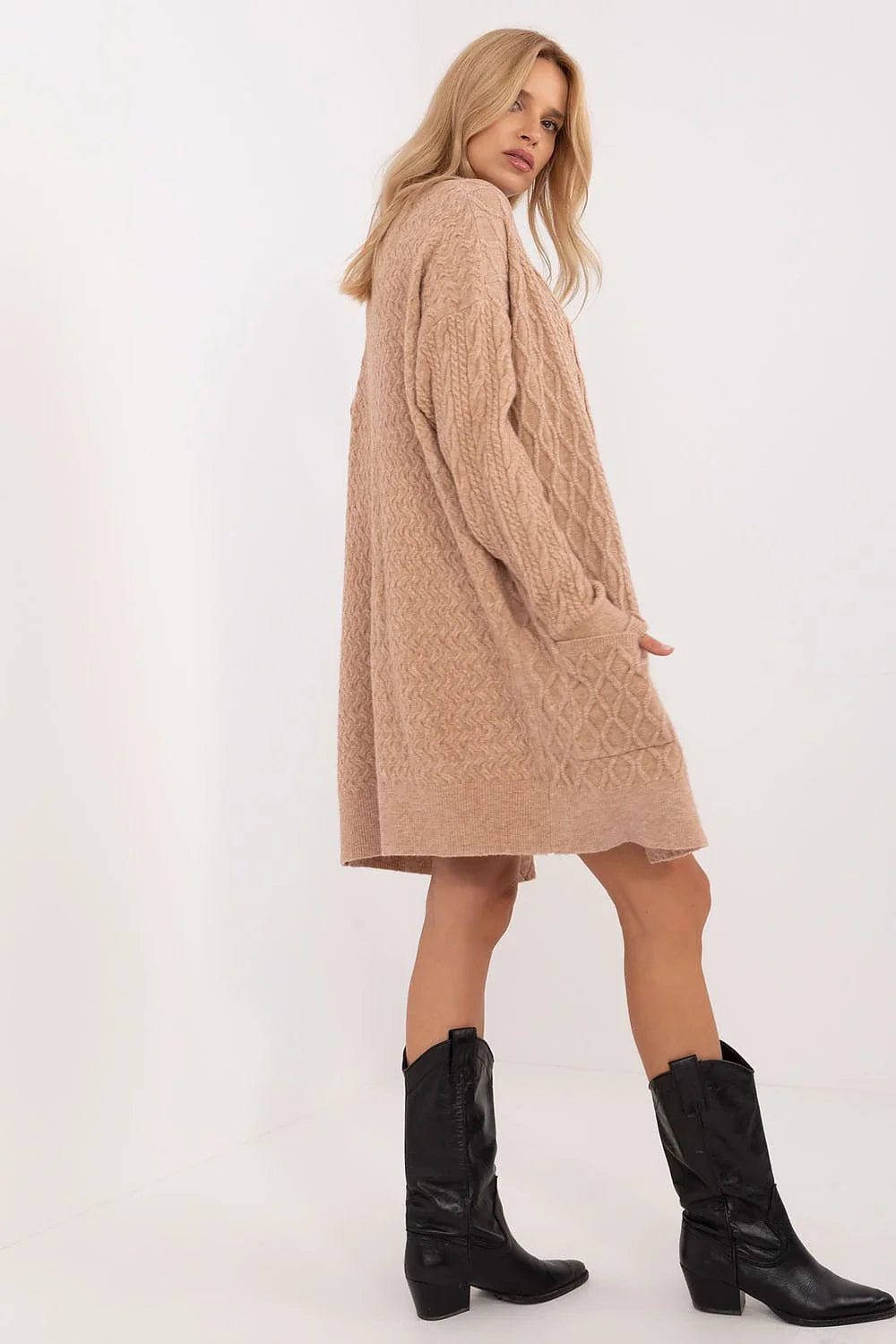 Cardigan long pour femme style décontracté couleur beige maille tricotée manches longues poches passepoilées polyvalent automne-hiver mode