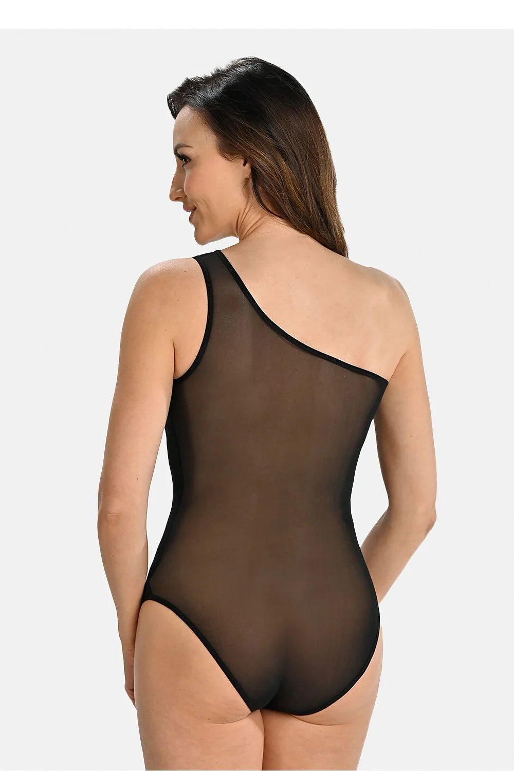 Body asymétrique pour femme en maille transparente design unique bretelle épaule noire coupe ajustée style moderne