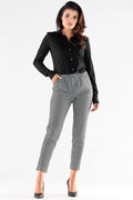 Pantalon polyester viscose pied-de-poule noir bleu ajustée cigarette cheville élastique cordon poches latérales confortable moderne femme