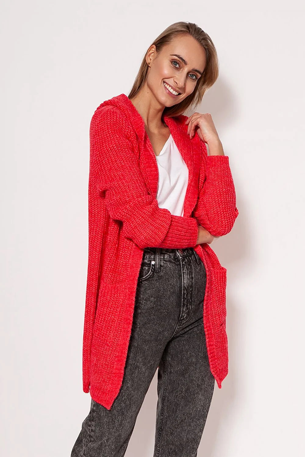 Cardigan long ouvert pour femme en tricot maille rouge vif coupe ample épaules tombantes manches longues poches intégrées matières mixtes acrylique polyester laine