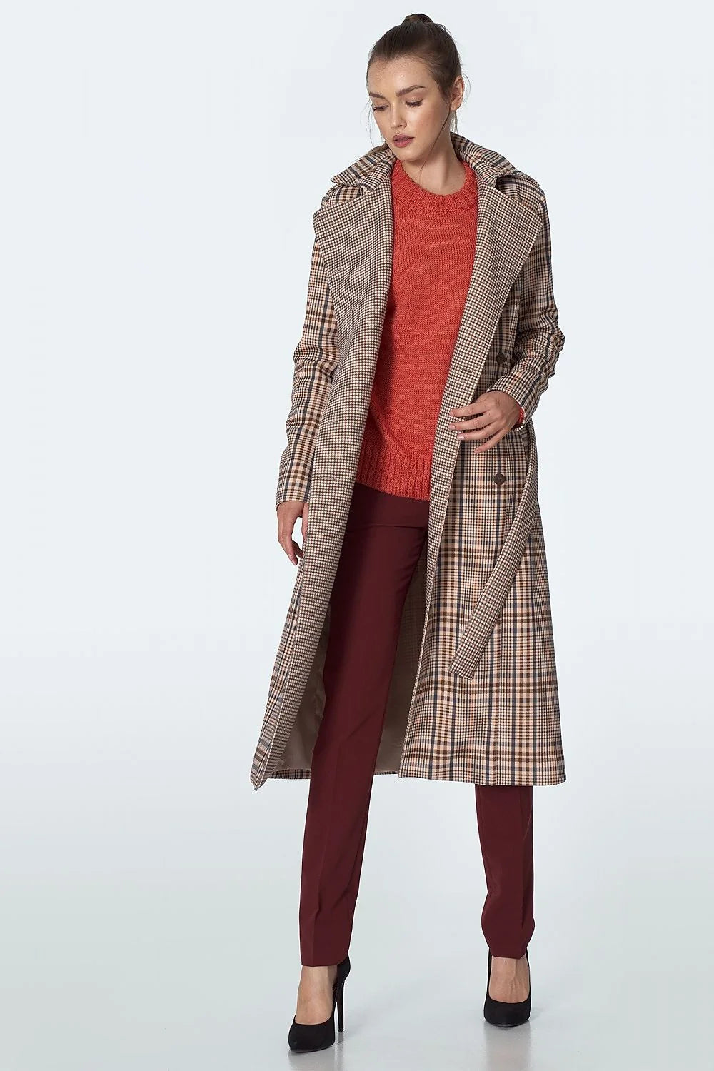 Manteau long carreaux Prince de Galles en polyester spandex élégant chic hiver pour femmes 2020