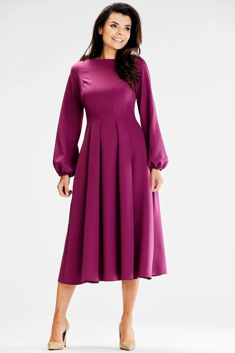 Robe élégante pour femmes en magenta longueur moyenne manches longues col montant coupe A-line fermeture zip dos