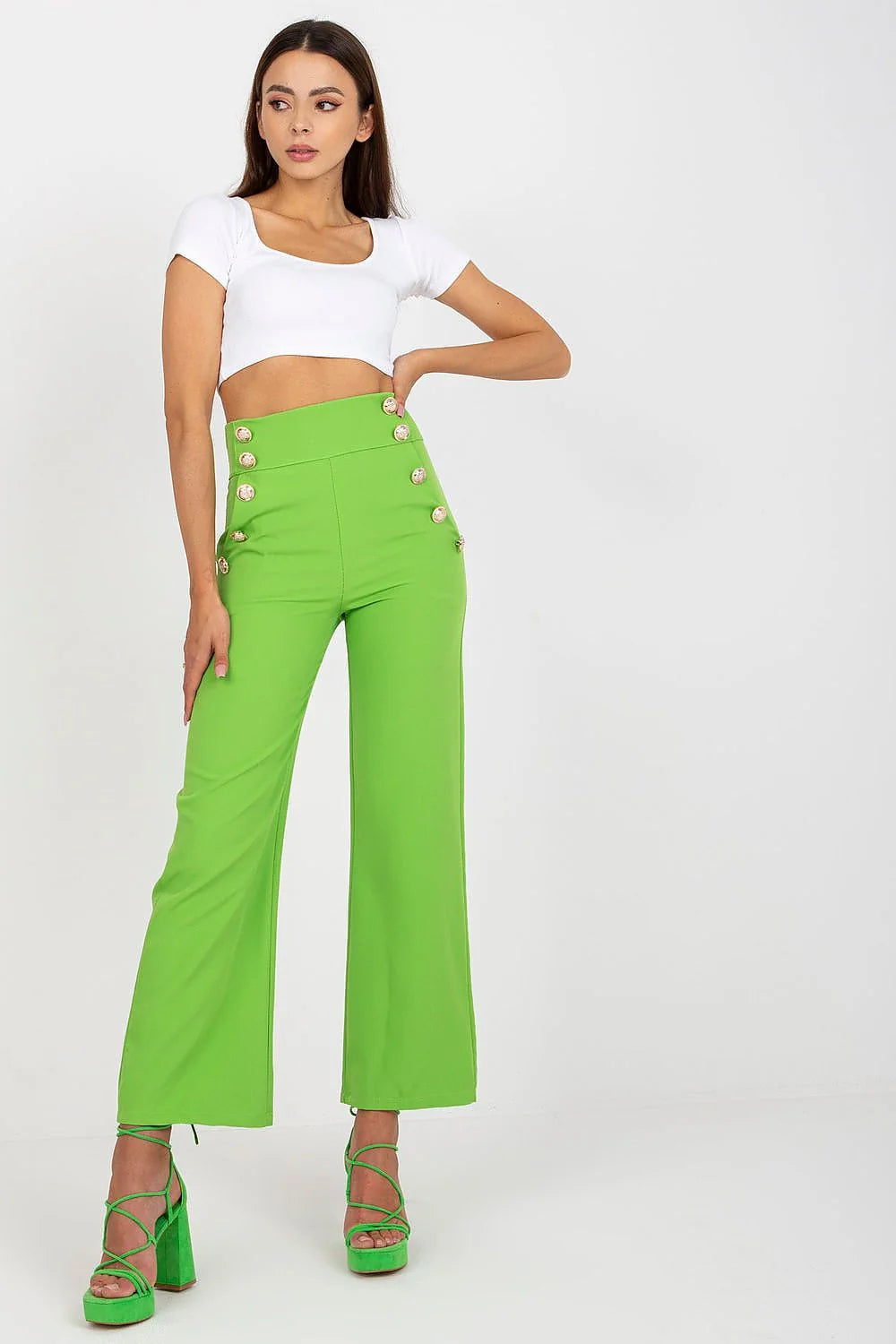 pantalon femme taille haute évasé long beige sable double rangée boutons dorés marin structuré extensible polyester élasthanne cintré sophistiqué