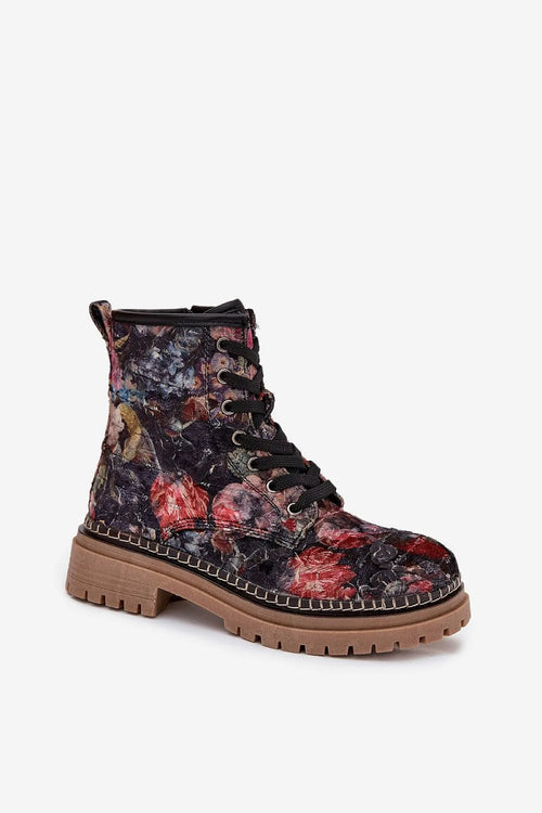 Artiker bottines montantes rangers velours tapisserie florale relief3D lacets fermeture éclair latérale col rembourré doublure chaude semelle crantée sable surpiqûre