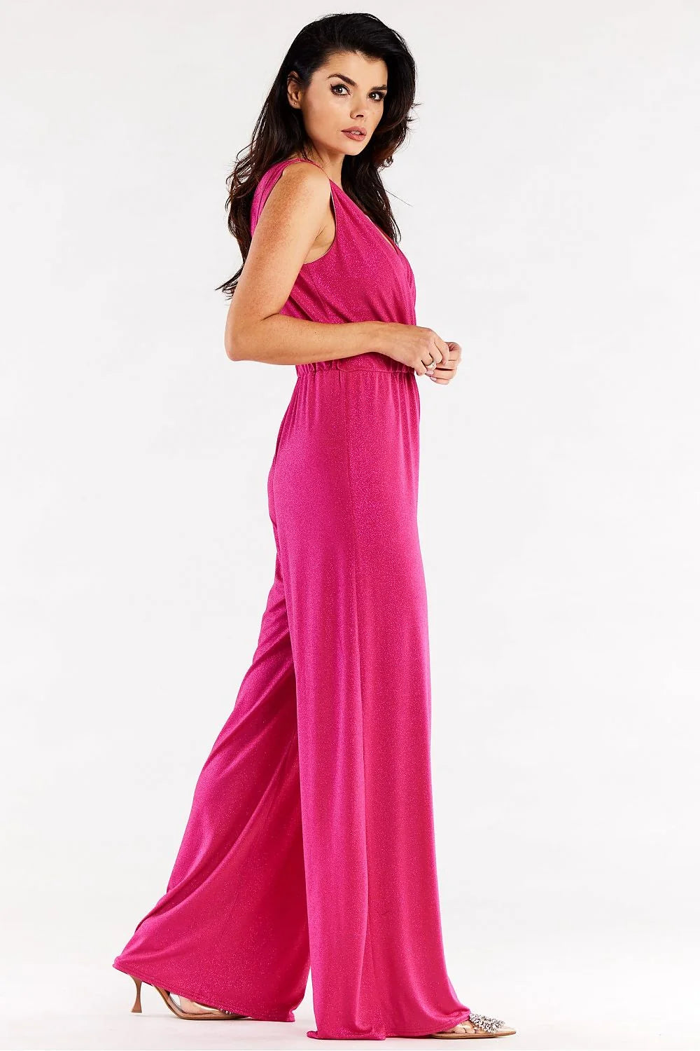 Combinaison pour femme robe longue sans manches en V couleur rose vif tissu fluide élastique Pologne