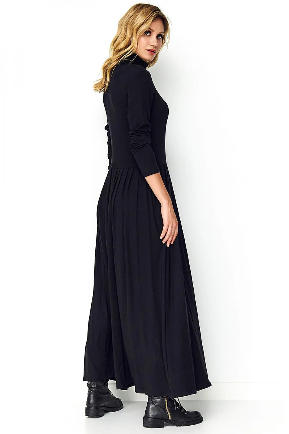 Robe longue jersey noir élégante col roulé manches longues fente haute femme mode chic