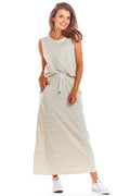 Robe longue été style décontracté rayures beige blanc coton élasthanne taille ajustable femme occasionnal