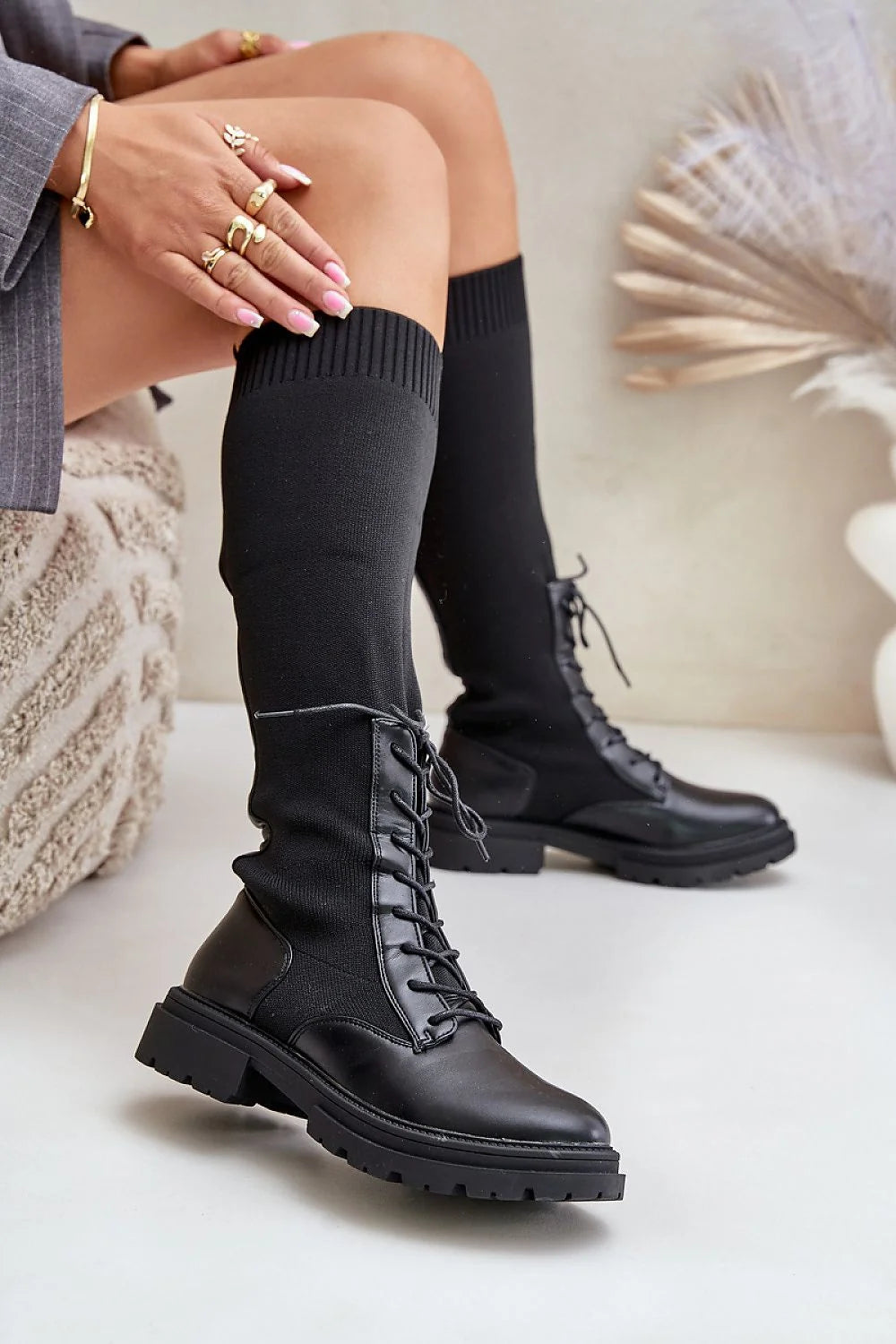 Bottes hautes pour femmes en cuir écologique et textile, style militaire, noires, confortables, occasion quotidienne et soirée