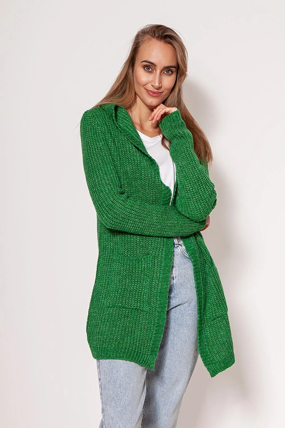 Cardigan long ouvert pour femme en tricot maille rouge vif coupe ample épaules tombantes manches longues poches intégrées matières mixtes acrylique polyester laine