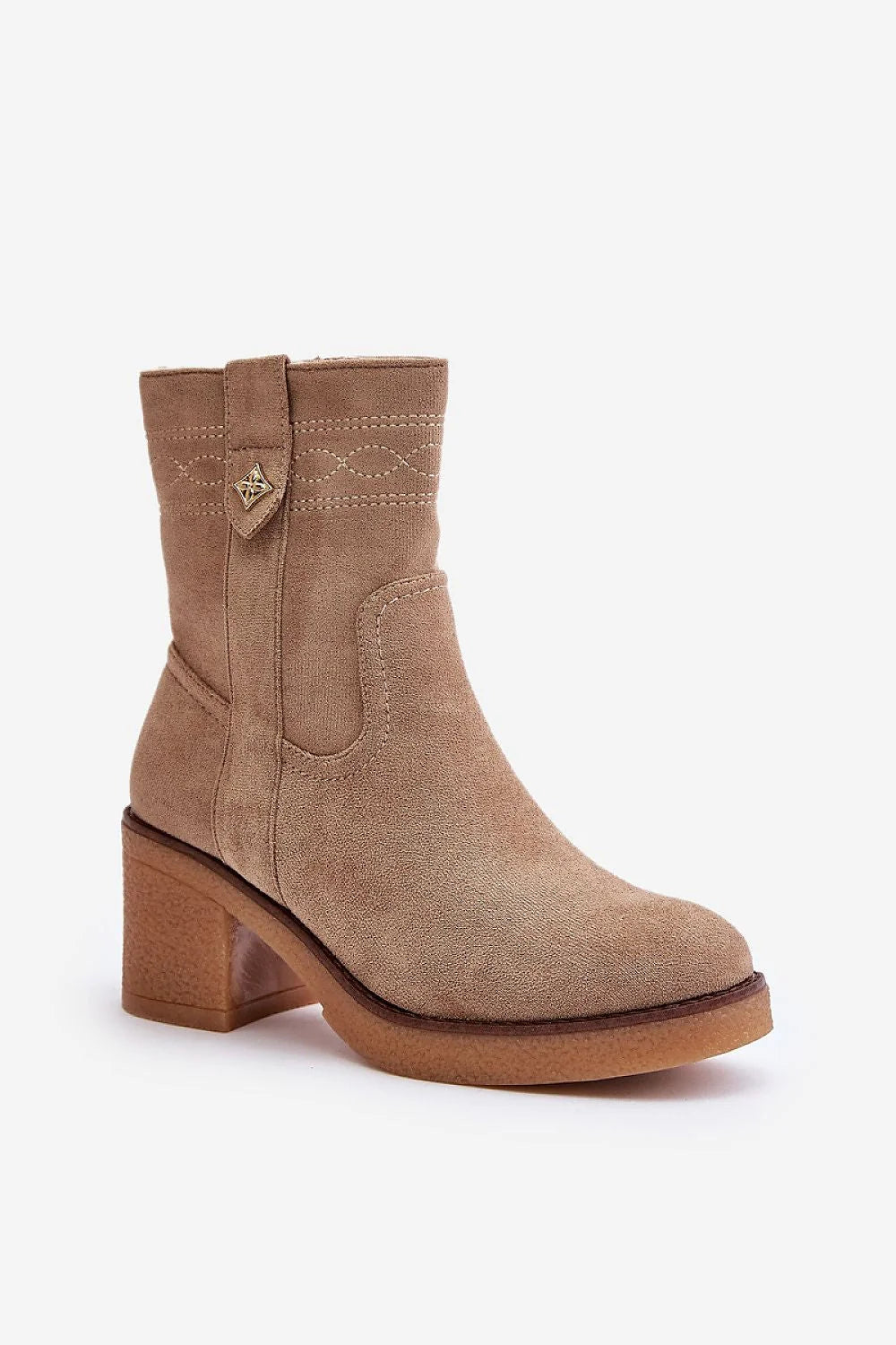 bottines femme cheville cuir suédé écologique beige talon bloc moyen isolant zip latéral semelle gomme caramel bout amande surpiqûres doré