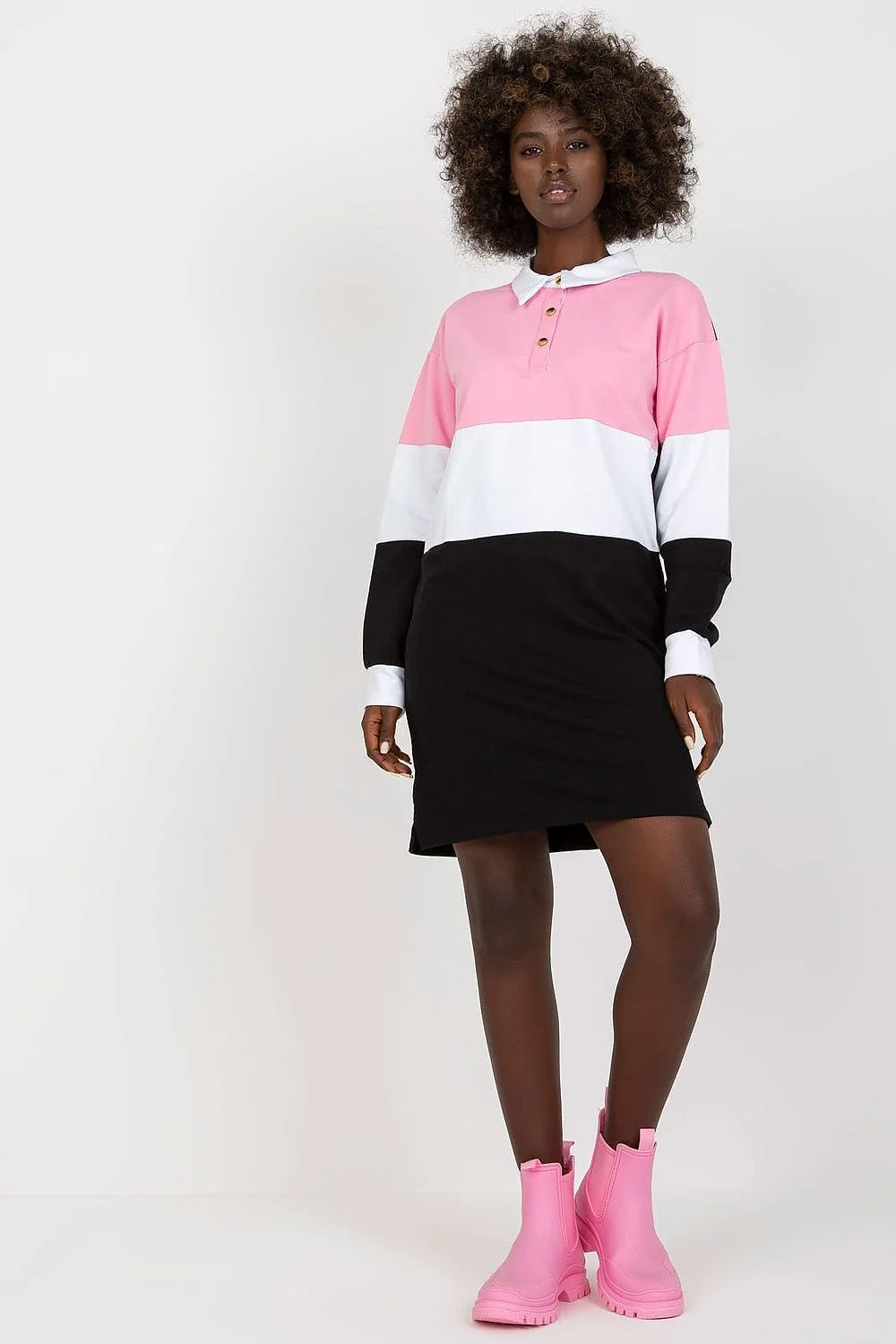 Robe de jour Rue Paris style décontracté manches longues col en V coton elasthanne taille ajustable femme
