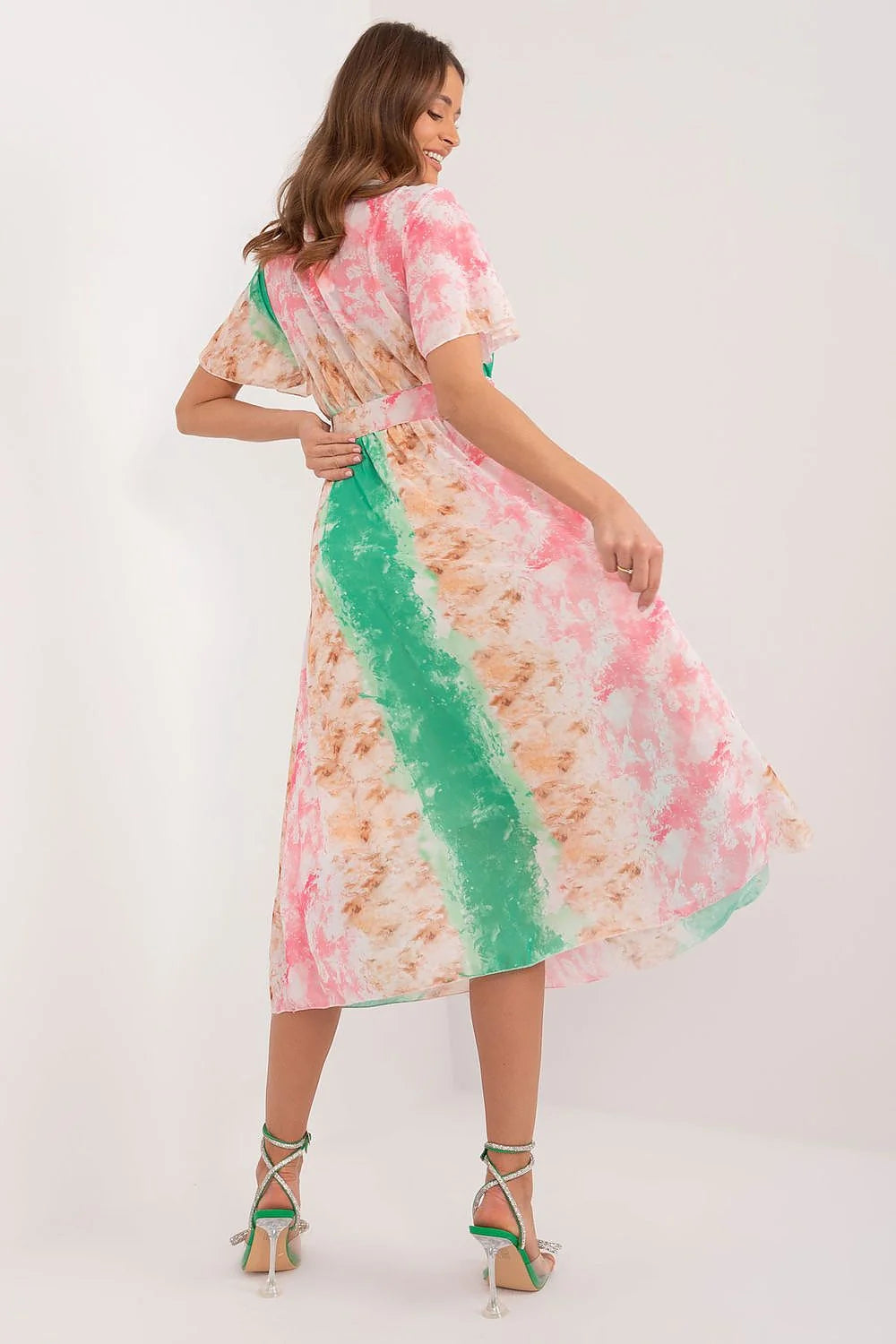 Robe de jour Italy Moda style estival tissu léger motifs pastel ceinture intégrée femmes