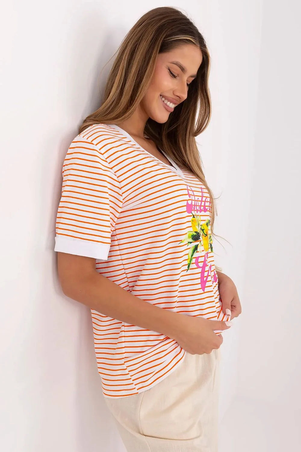 T-shirt femme été style décontracté motif citrons Dolce Vita rayures orange blanc
