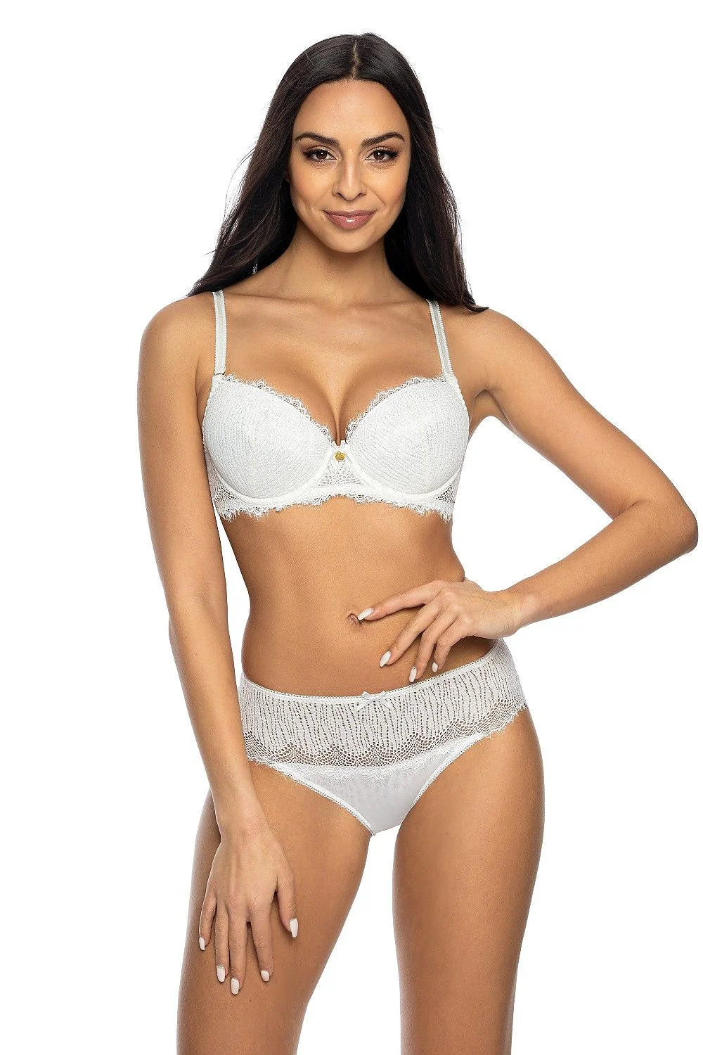 Soutien-gorge push-up dentelle blanche matelas amovibles bretelles ajustables fermeture crochets élasthanne polyamide lingerie femme