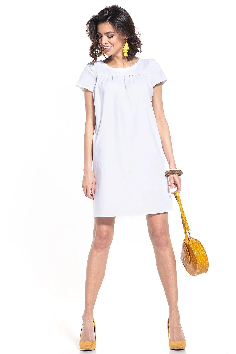 robe jour féminine fluide coton noir manches courtes coupe ample droite trapèze col rond fronces popeline légère structurée longueur genou