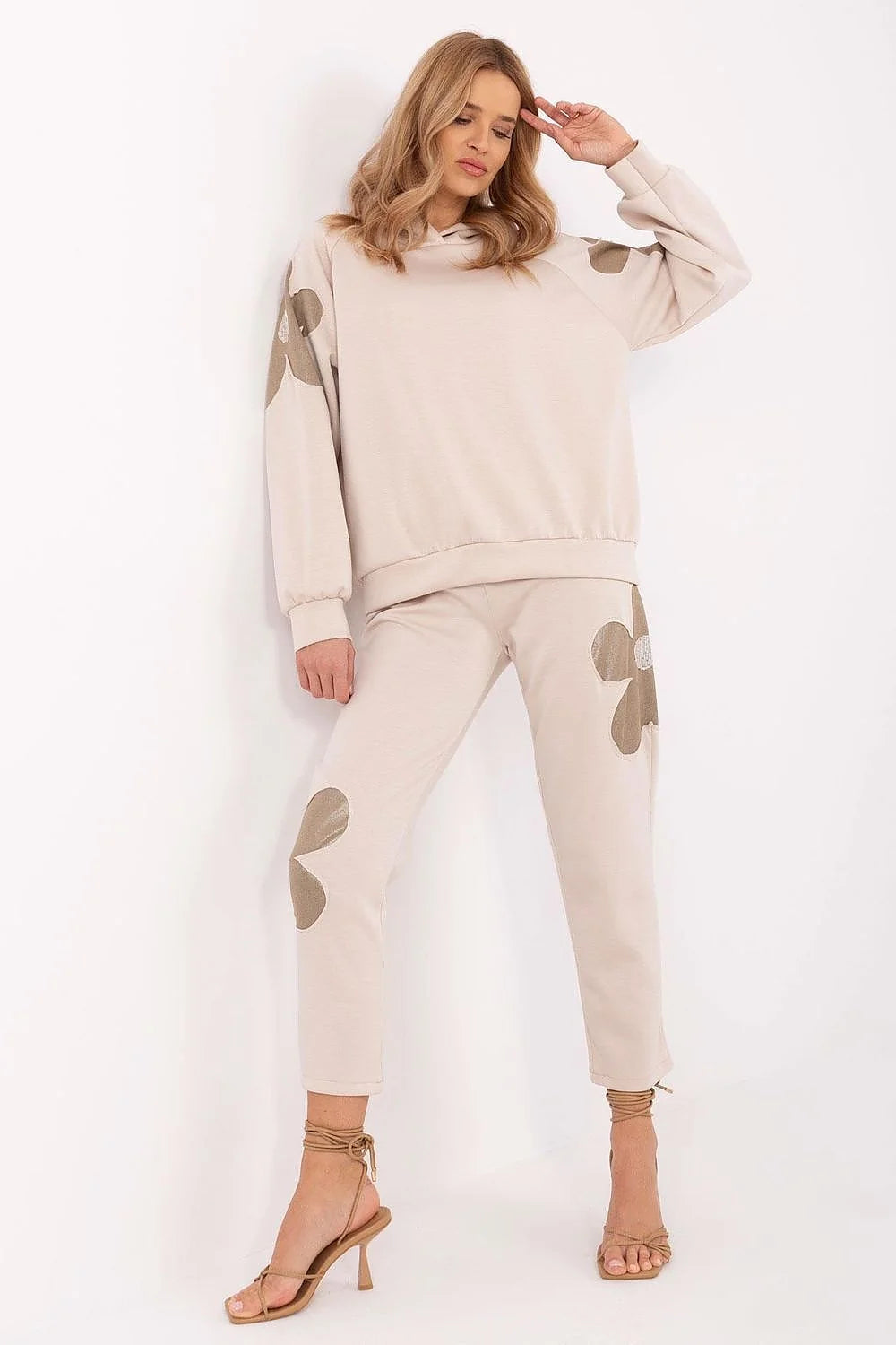 Ensemble décontracté moderne féminin sweat-shirt pantalon beige clair motifs floraux métalliques haute qualité confort