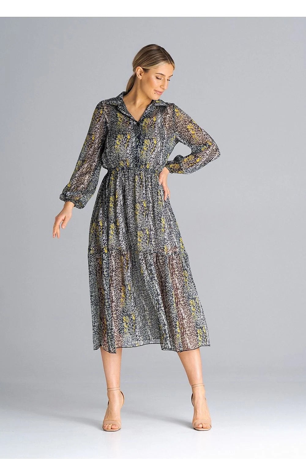 robe bohème chic longue midi manches longues ballon mousseline fluide plissée doublée imprimé abstrait noir gris touches jaunes taille élastiquée