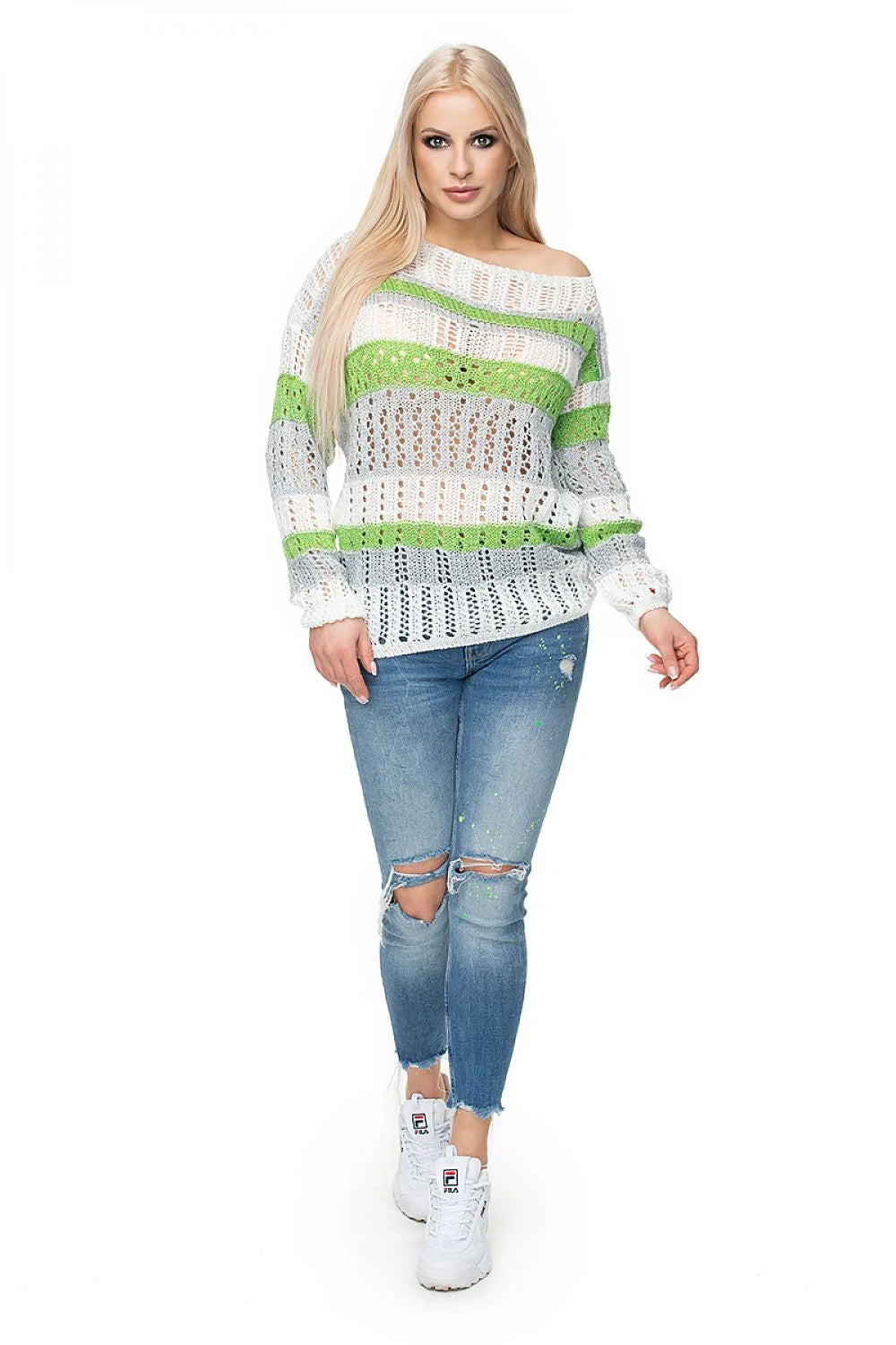 Pullover féminin maille ajourée rayures colorées orange rose jaune manches longues col rond coupe ample maille respirante vêtement mode été printemps