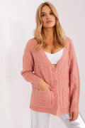 cardigan féminin torsadé maille côtelée oversize rose saumon encolure V profonde boutons assortis poches plaquées base allongée manches longues