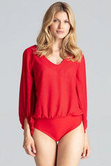 body femme rouge vif satiné coupe blousante encolure V manches longues bouffantes poignets élastiques culotte haute tissu brocart