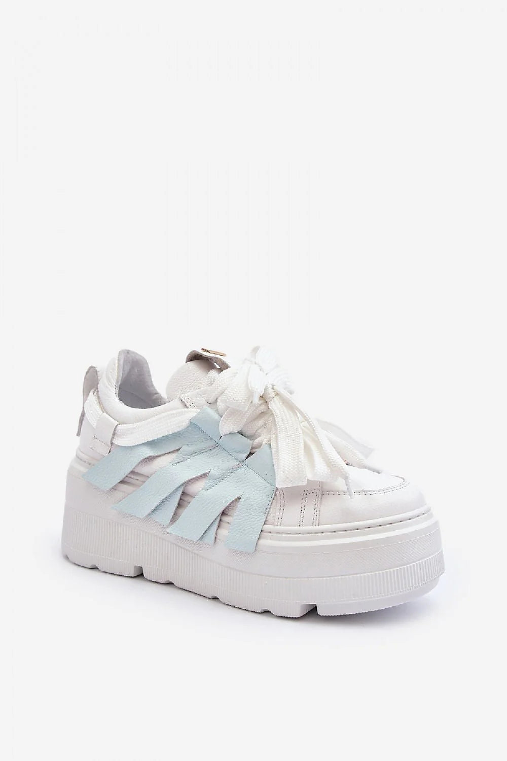 Chaussures de sport pour femmes Sneakers design moderne plateforme cuir blanc bleu clair lacets larges doré CHILL