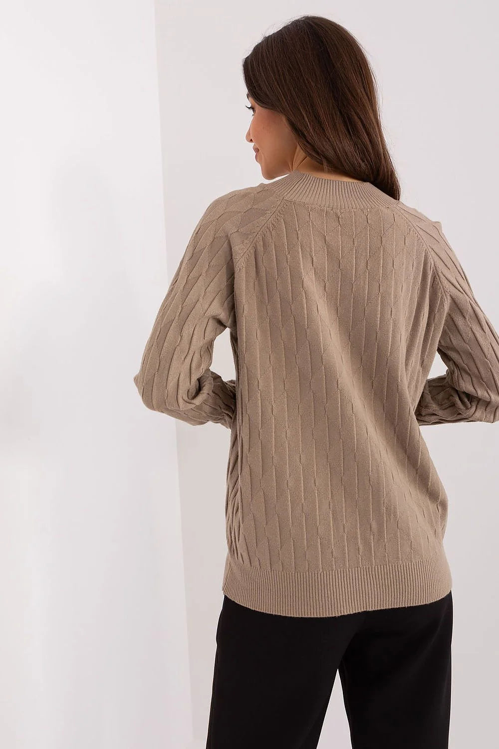 Pullover féminin Chandail AT en polyester taupe à torsades discrètes manches longues encolure ronde ajusté pour automne hiver