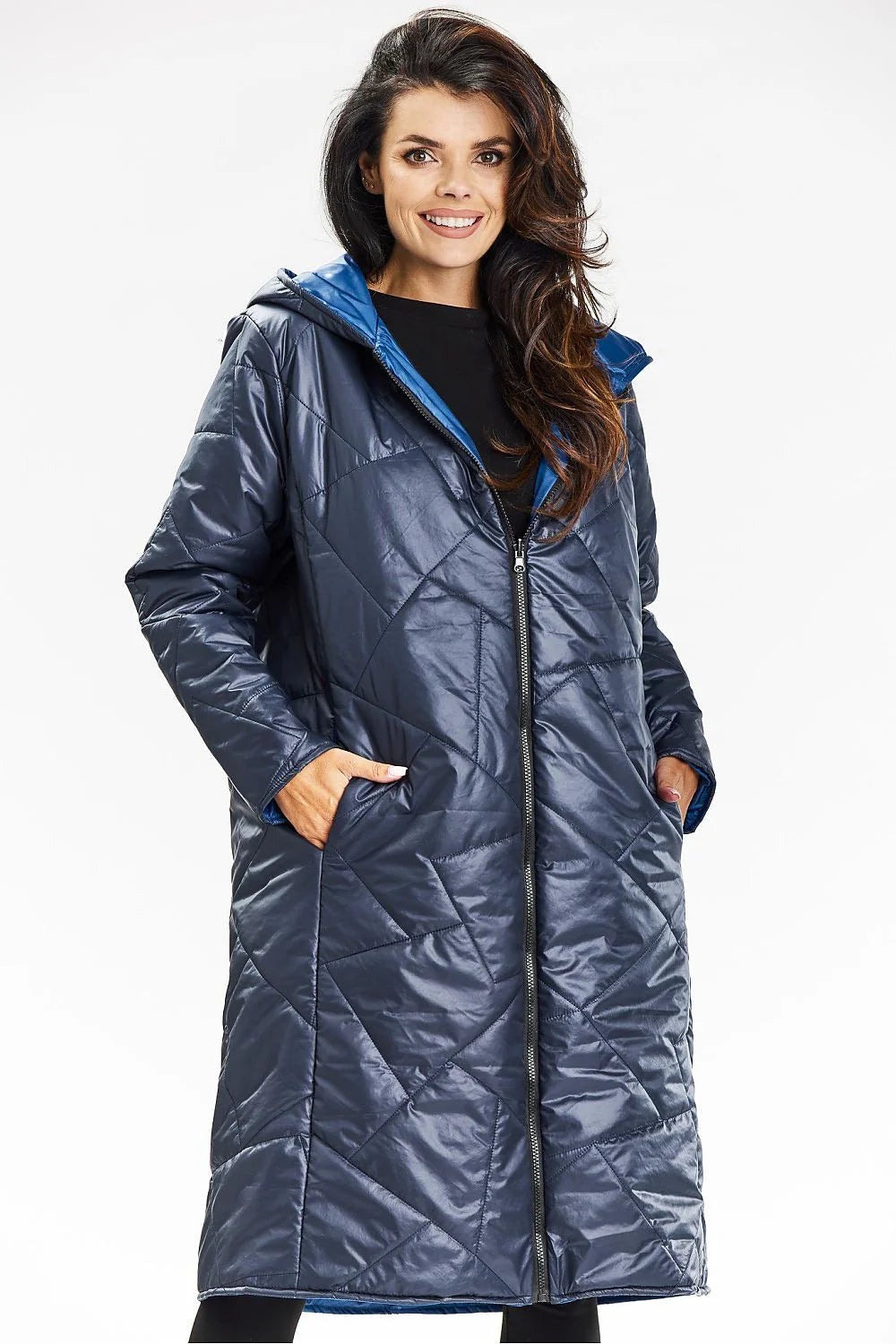 Manteau long pour femme à capuche double face en polyester coupe droite style élégant doublure bleue motif matelassé résistant aux intempéries poches latérales fermeture éclair