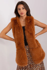 Gilet sans manches fourrure effet luxueux brun roux élégant femmes coupe droite hiver automne vêtement tendance