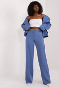 Pantalon long Lakerta bleu marine taille haute coupe droite blazer oversize manches longues haut bandeau blanc veste élégante ensemble moderne femme