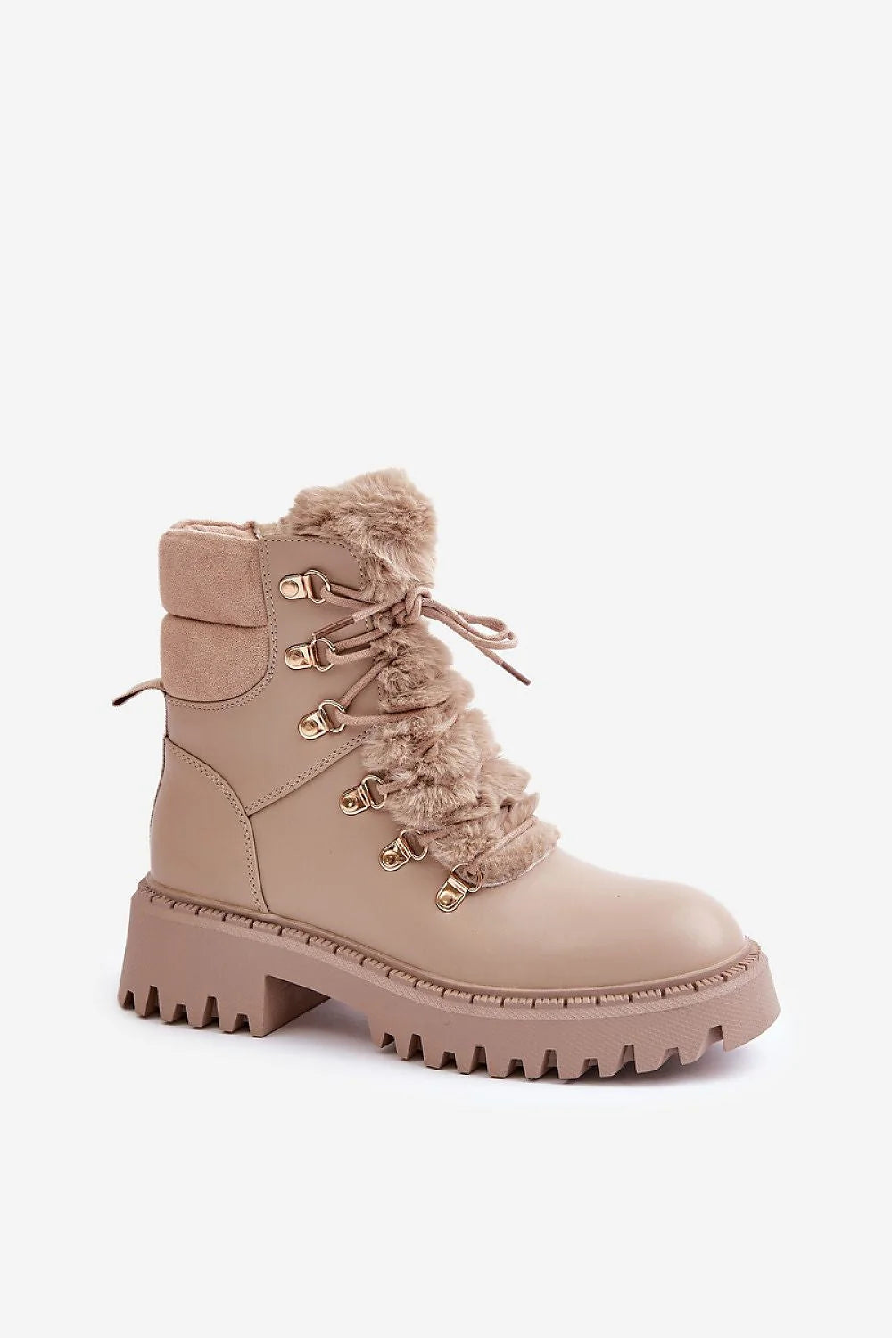 bottines femme montantes similicuir beige taupe lacées zippée fourrure synthétique doublure chaude semelle crantée plateforme talon massif œillets dorés confort