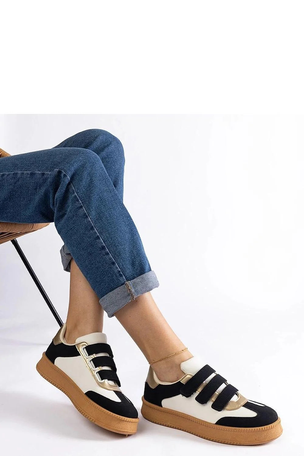 baskets basses femme sneakers sportif blanc noir doré semelle camel plateforme épaisse cuir écologique velcro bandes ajustable confortable