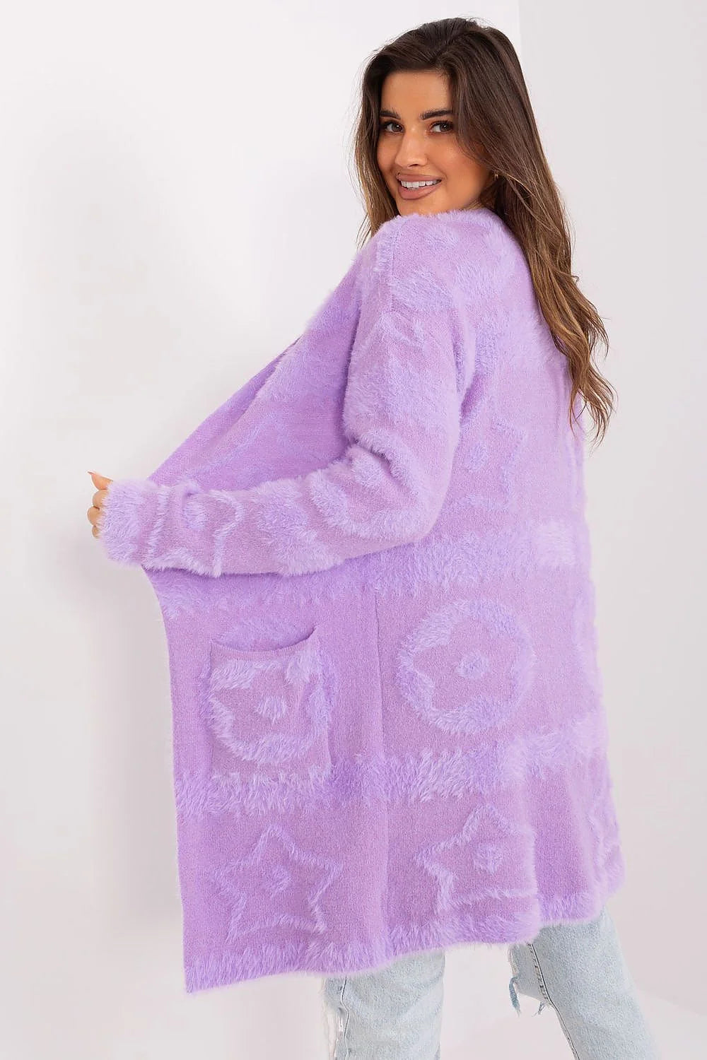Cardigan femme en maille lavande longue sans fermeture manches longues poches pratiques pour tenues décontractées