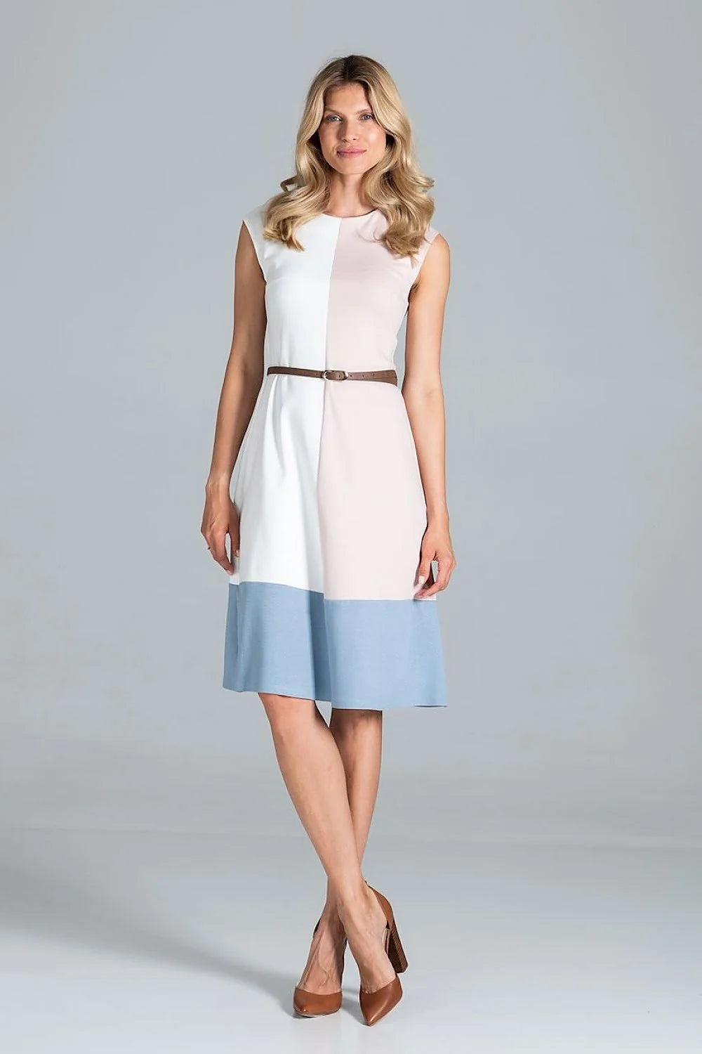 Robe élégante en coton polyester tricolore sans manches casual chic femme mi-longue été