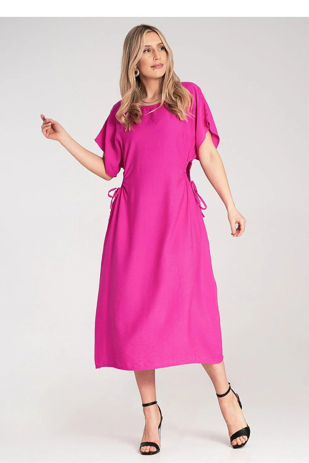 Robe midi élégante en viscose fuchsia coupe droite manches courtes kimono liens à la taille femme moderne