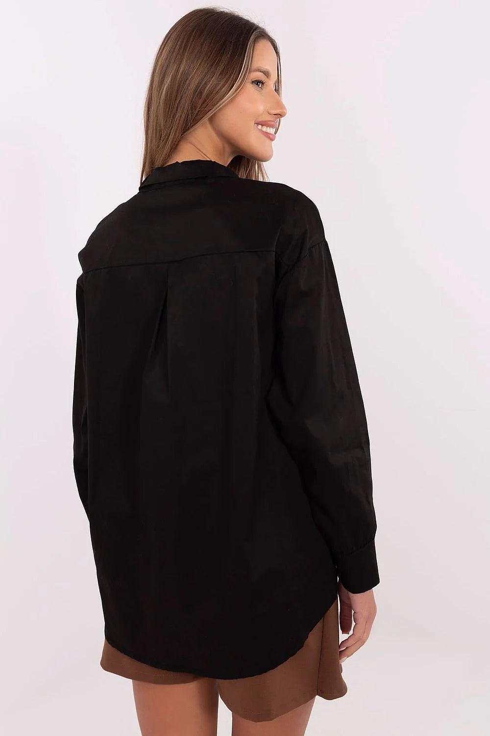 Chemise manche longue Italy Moda design élégant col classique froufroutant cravate intégrée détails métalliques
