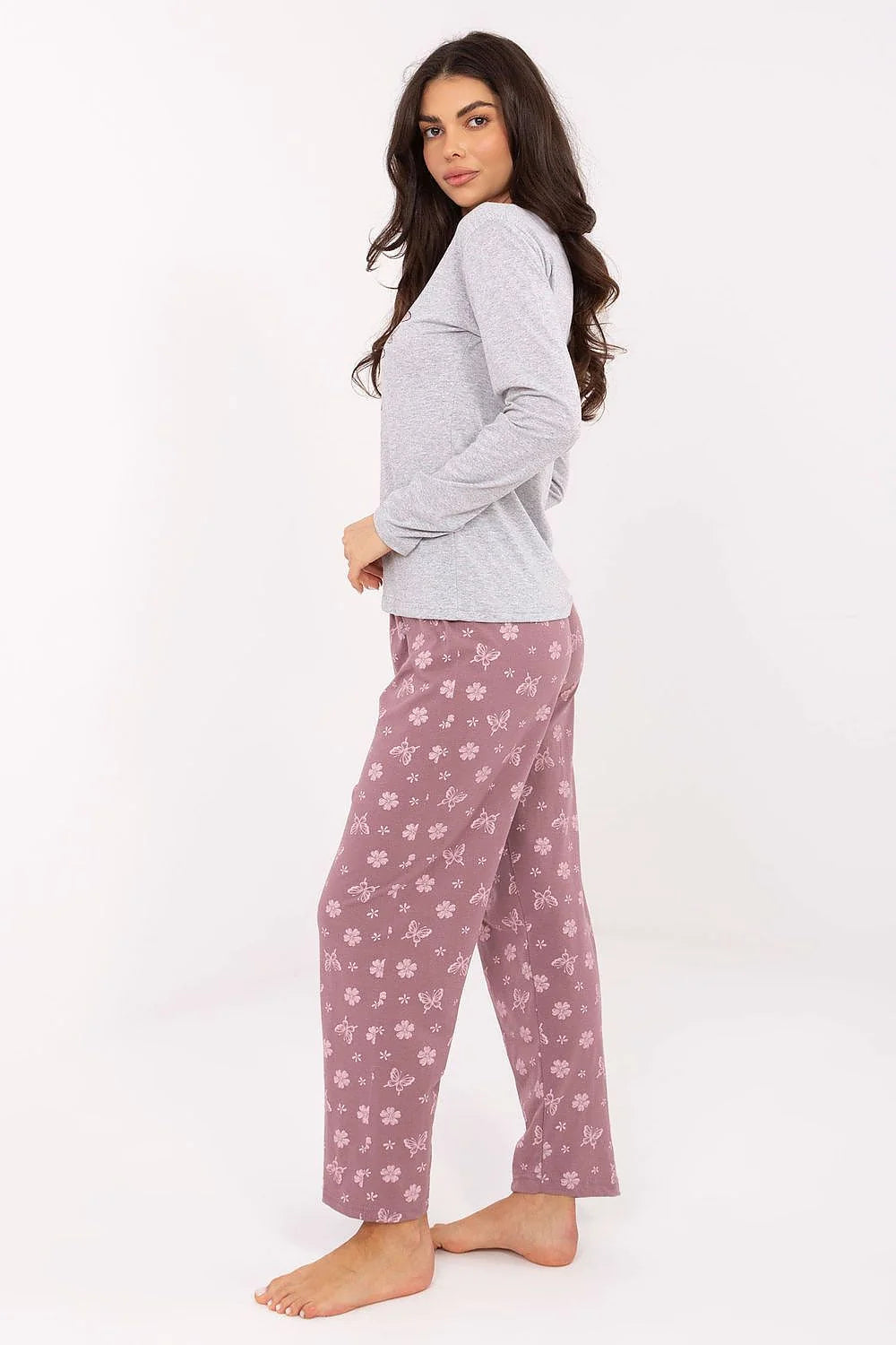 Pyjama femme deux pièces haut manches longues col rond imprimé papillon pantalon taille élastique rose poudré coton doux