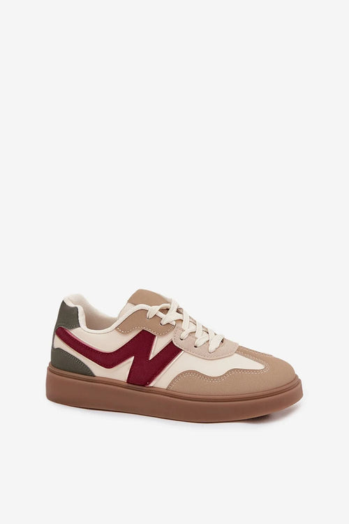 baskets femme similicuir empiècements suédés beige écru onde bordeaux touches kaki semelle gomme marron épaisse coupe basse col rembourré
