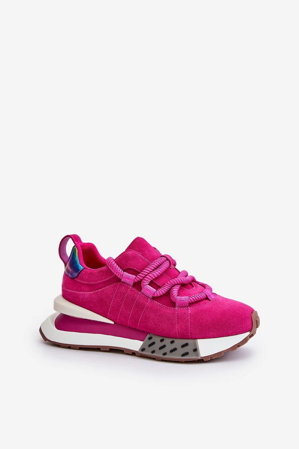 baskets femme suédine fuchsia rétro lacets noeud tige matelassée talon irisé semelle plateforme contrastée gomme crantée confort amorti
