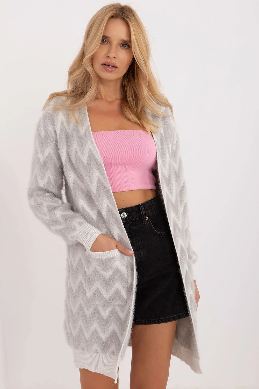Cardigan pour femme long style décontracté motif chevrons texture douce et pelucheuse manches longues sans fermeture polyvalent pour quotidien et soirées