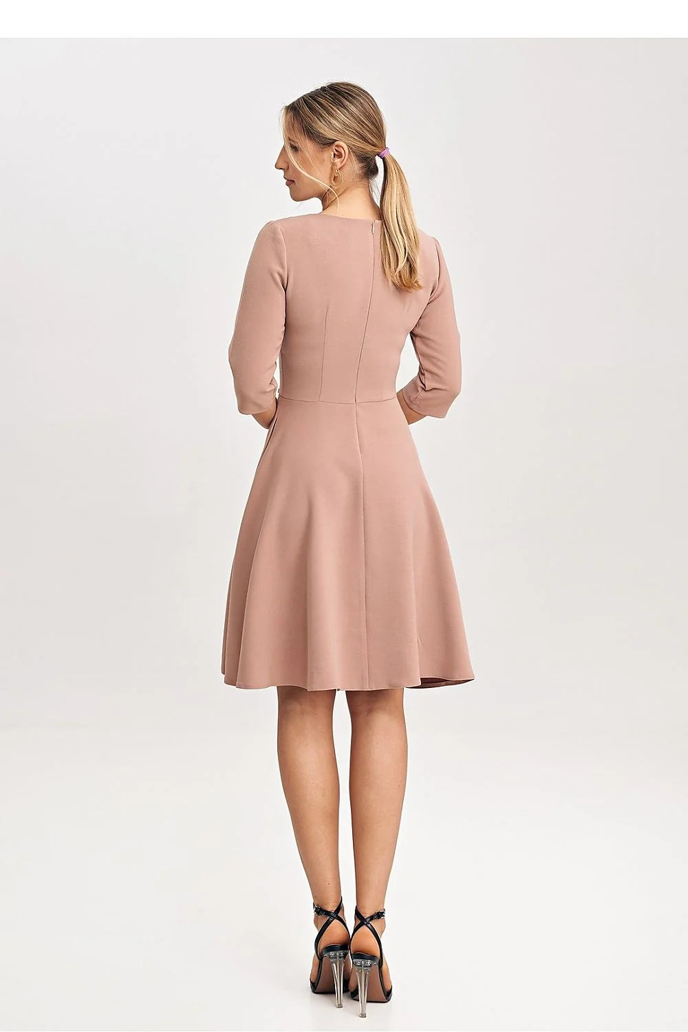 Robe de jour élégante robe évasée manches 3/4 taille ajustable femme robe classique fermeture glissière dissimulée