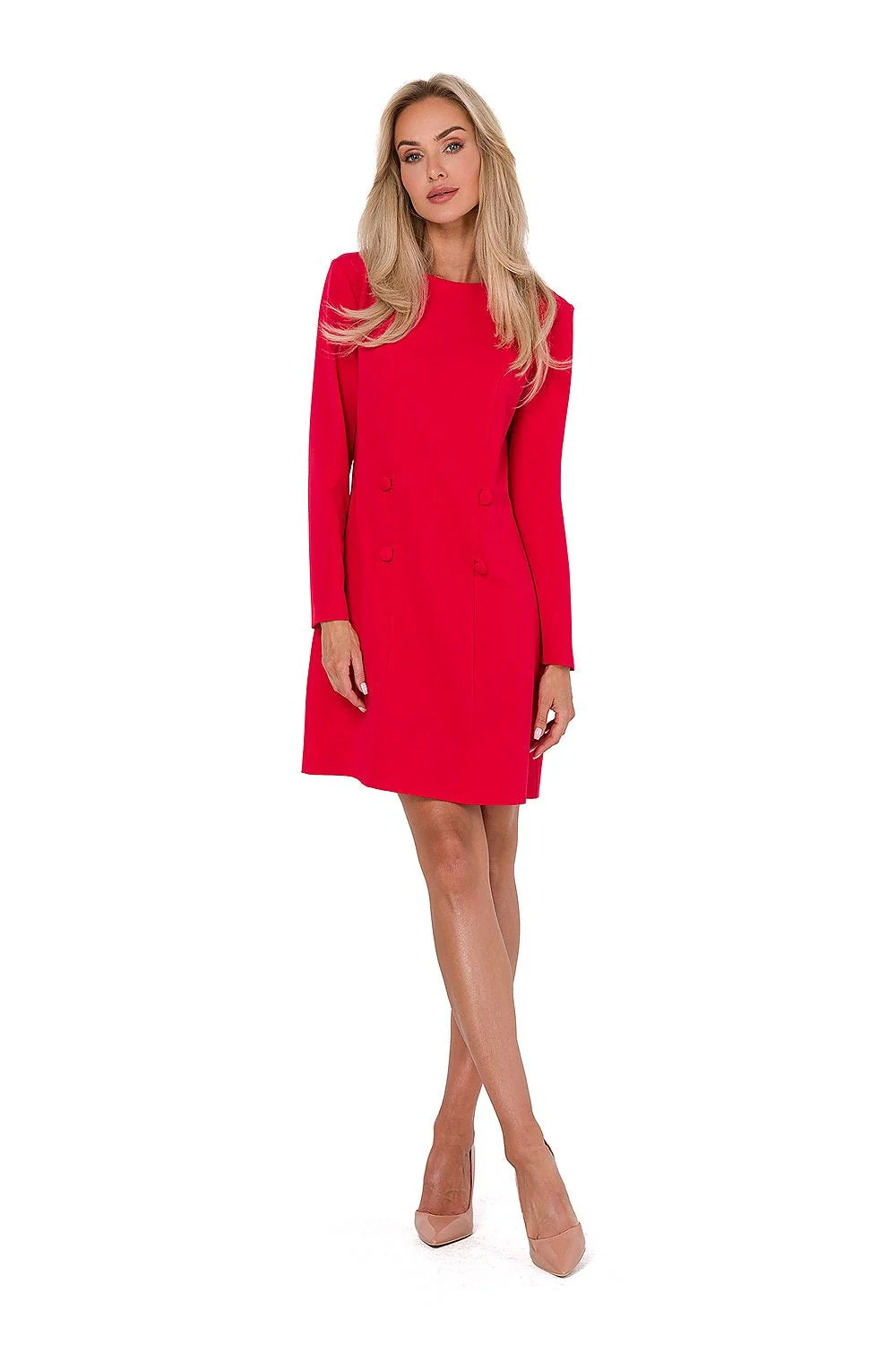 Robe de jour élégante pour femme coupe trapèze manches longues rouge vif sans doublure polyvalente