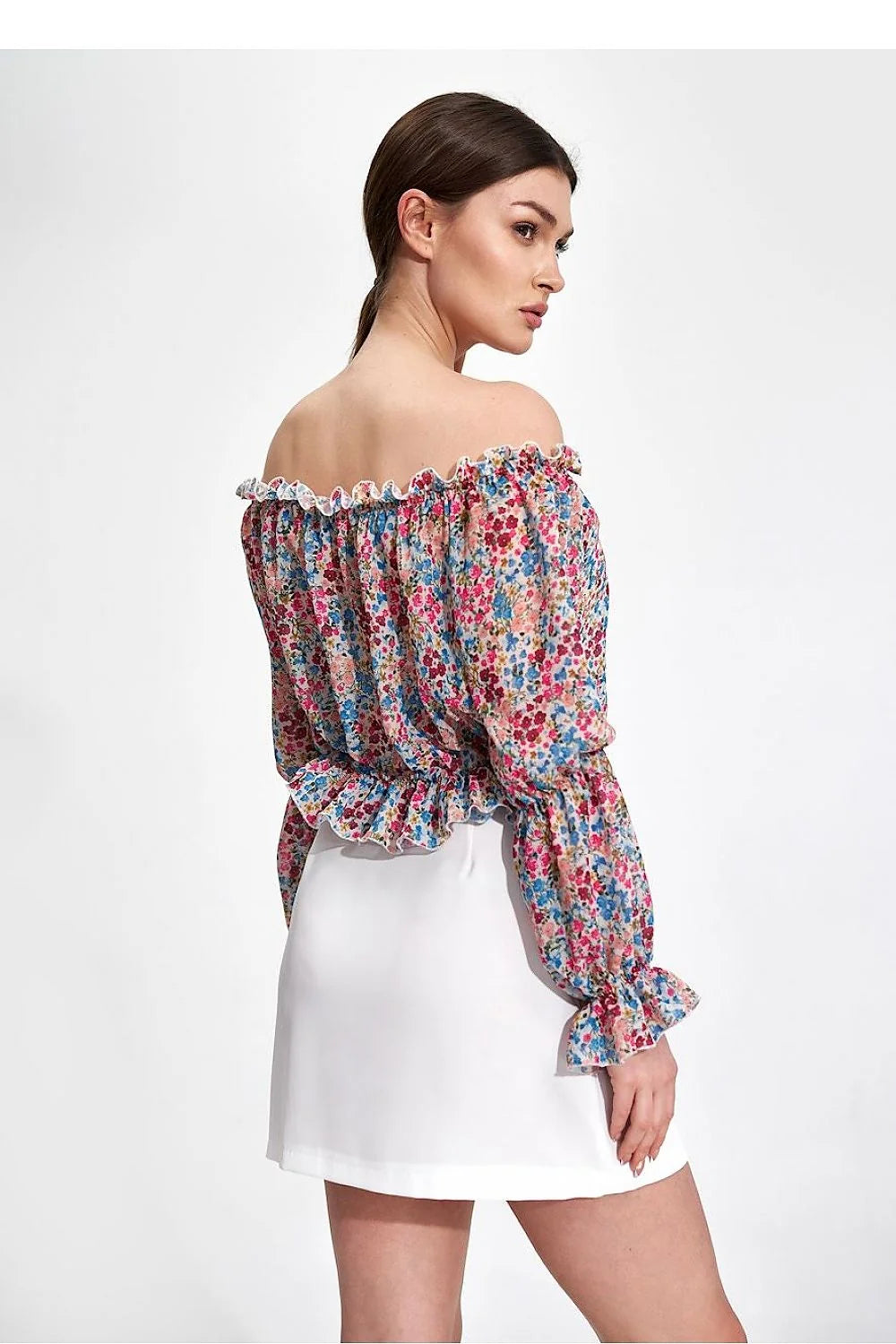 Jupe courte rosé vif polyester élasthanne imprimé floral moderne cache-cœur manches longues ceinture ajustée soirée événements