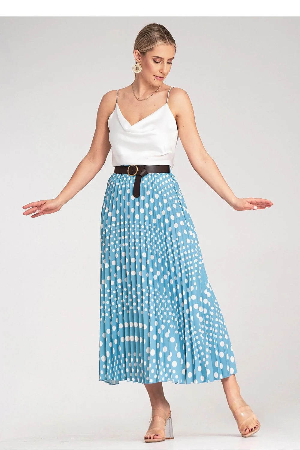 jupe midi plissée bleu clair pois blancs taille haute ceinture élastique boucle noire dorée polyester élasthanne fluide vintage chic élégante