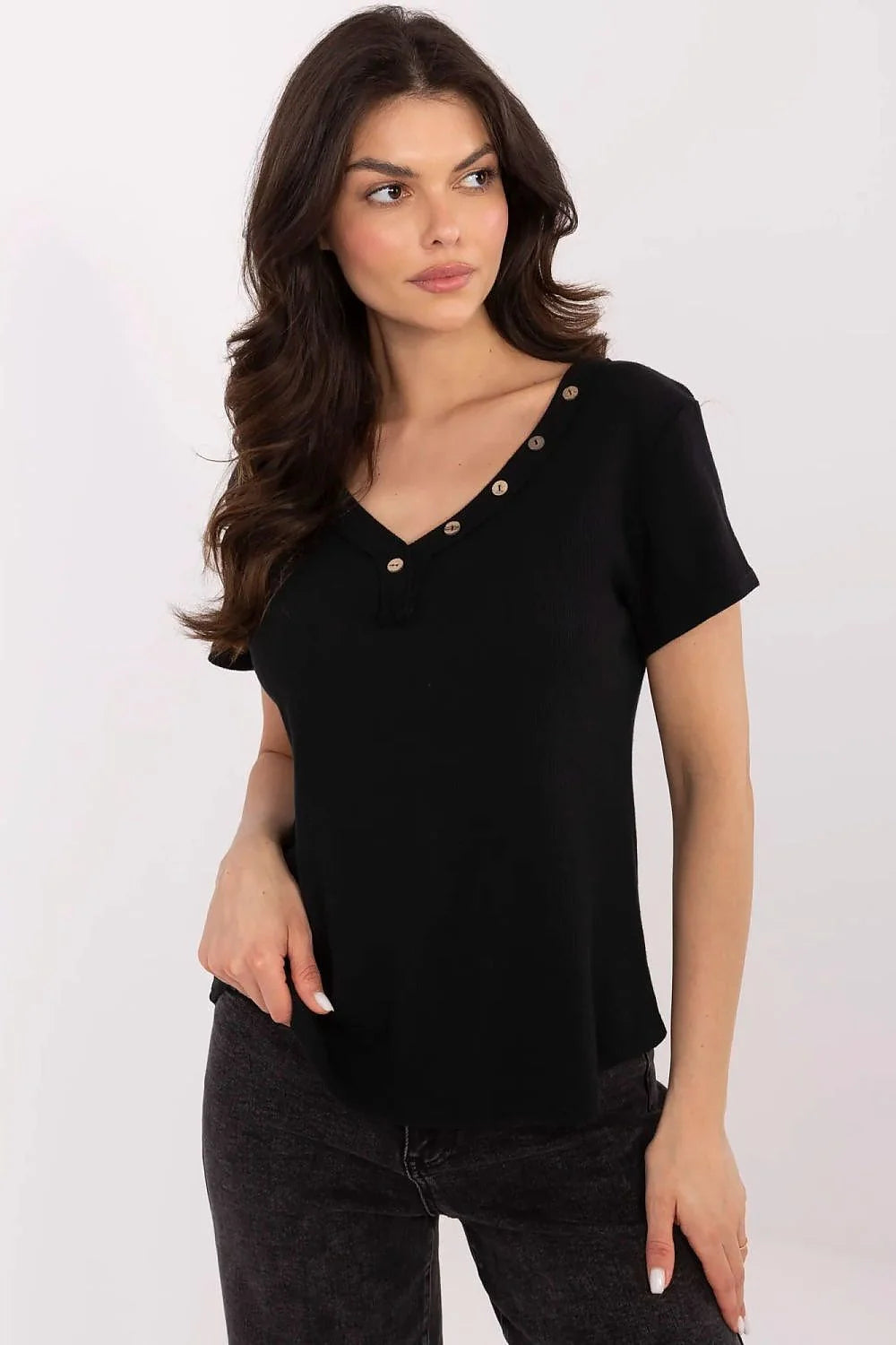 Chemisier Italy Moda ajusté coton élasthanne coupe droite col V boutons décoratifs manches courtes polyvalent occasion femme