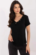 Chemisier Italy Moda ajusté coton élasthanne coupe droite col V boutons décoratifs manches courtes polyvalent occasion femme