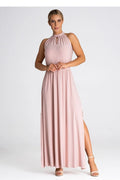 Robe de cocktail élégante longue sans manches couleur rose pâle matière fluide élastique à la taille fente latérale idéale pour soirées élégantes